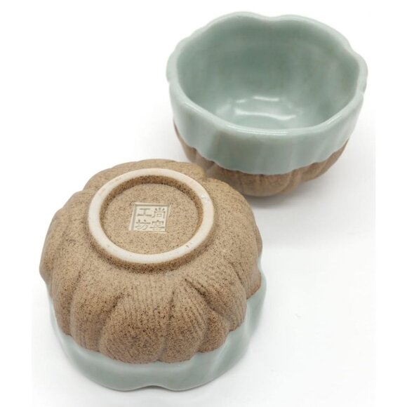 2 Small Celadon Flower Bloom Two-Tone Ceramic Bowls